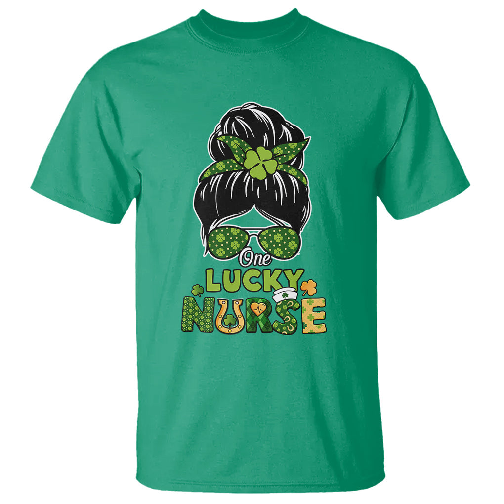 Funny One Lucky Nurse St. Patricks Day T Shirt Scrub Life with Messy Bun TS02 Irish Green Printyourwear