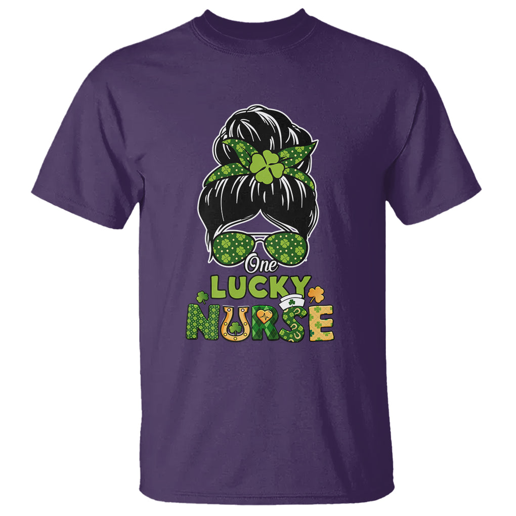 Funny One Lucky Nurse St. Patricks Day T Shirt Scrub Life with Messy Bun TS02 Purple Printyourwear