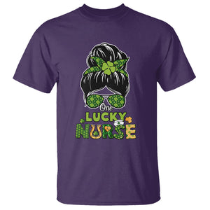 Funny One Lucky Nurse St. Patricks Day T Shirt Scrub Life with Messy Bun TS02 Purple Printyourwear