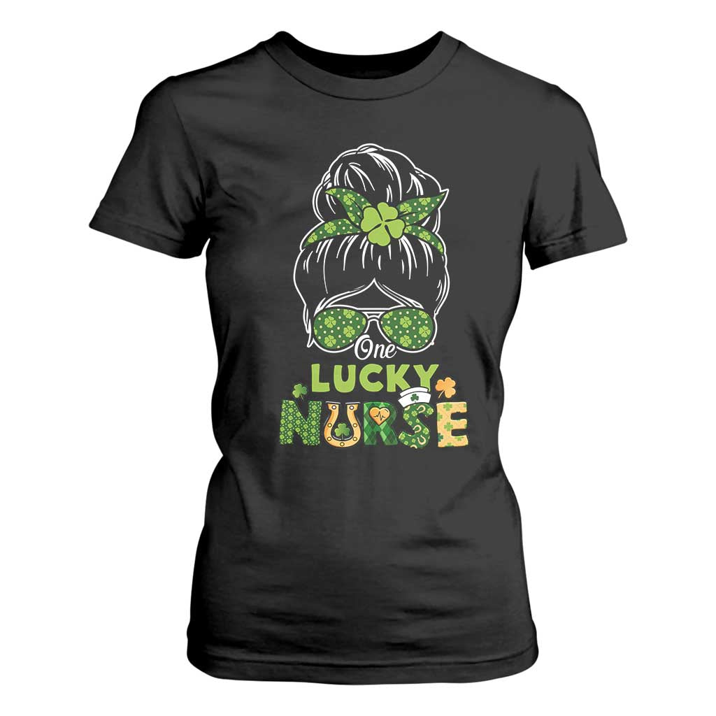 Funny One Lucky Nurse St Patricks Day T Shirt For Women Scrub Life with Messy Bun TS02 Black Print Your Wear