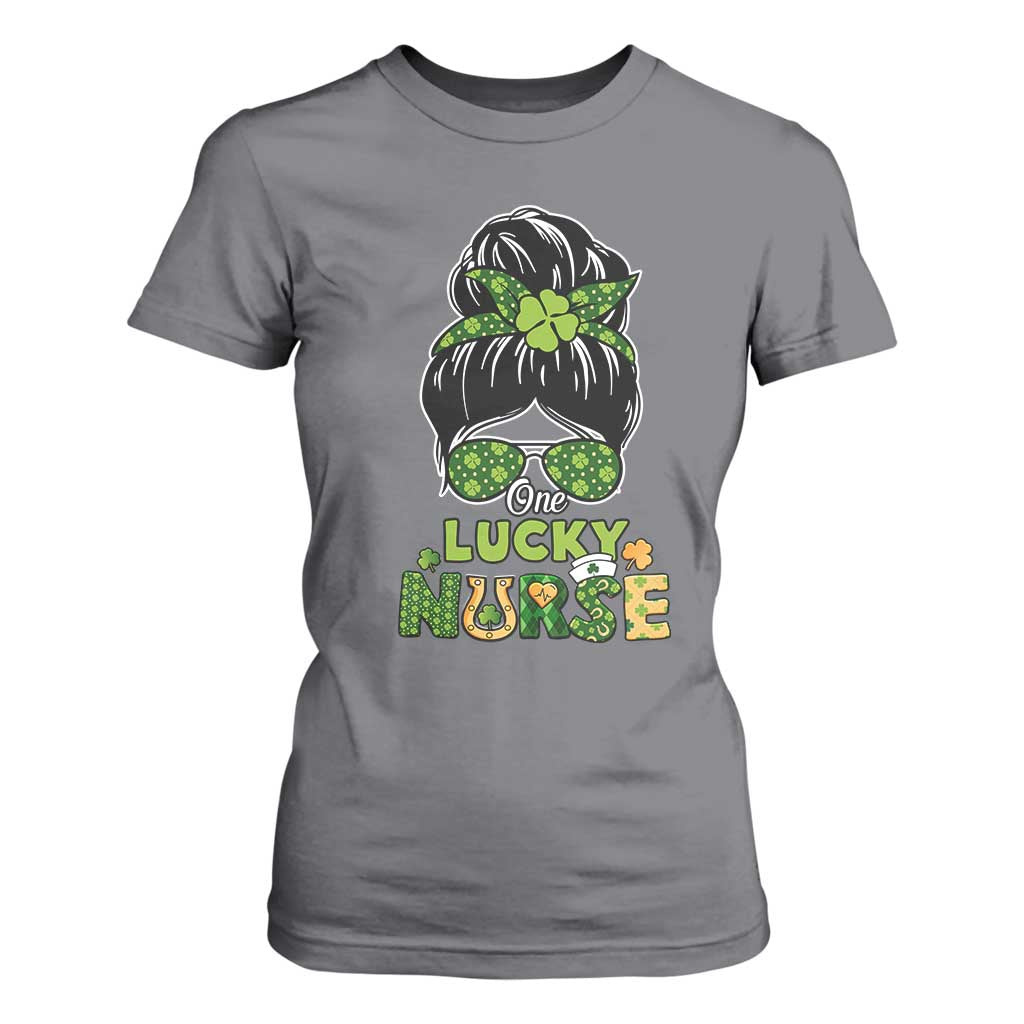 Funny One Lucky Nurse St Patricks Day T Shirt For Women Scrub Life with Messy Bun TS02 Charcoal Print Your Wear