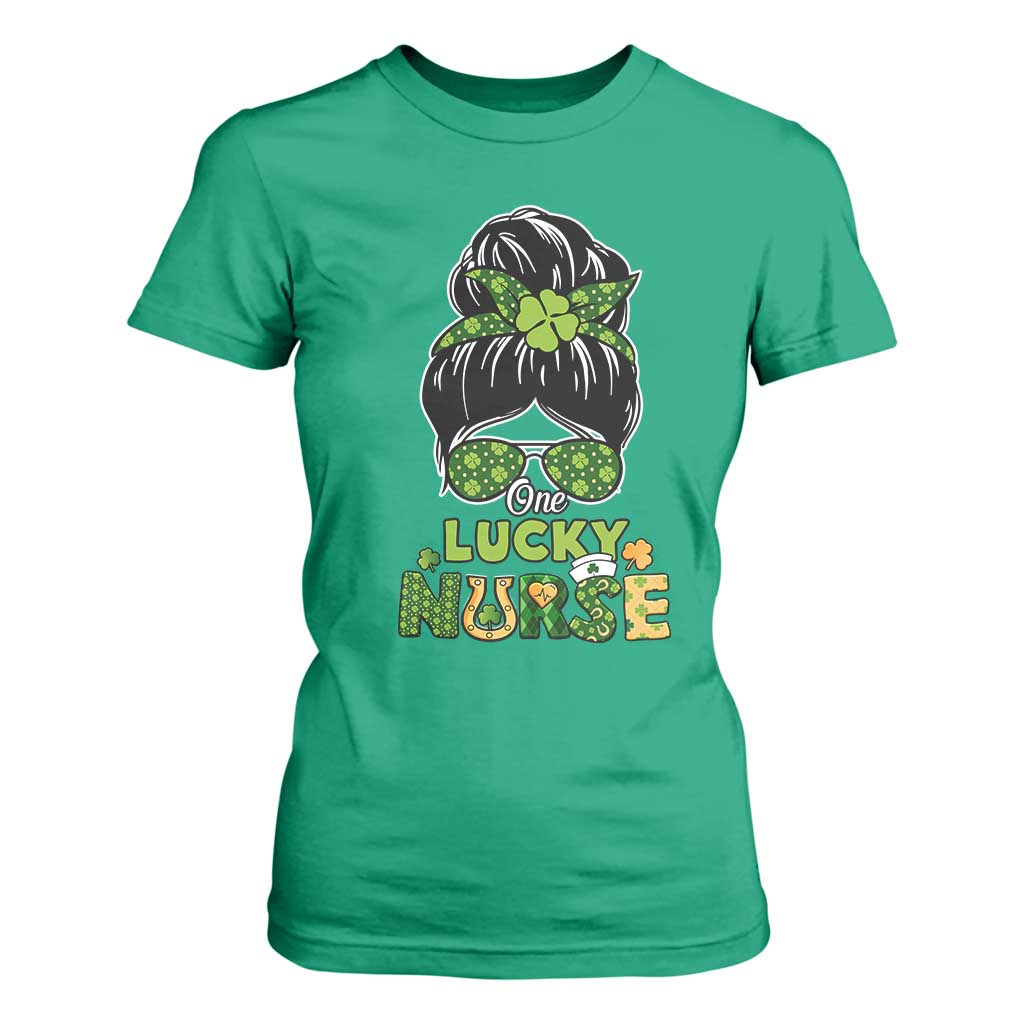 Funny One Lucky Nurse St Patricks Day T Shirt For Women Scrub Life with Messy Bun TS02 Irish Green Print Your Wear