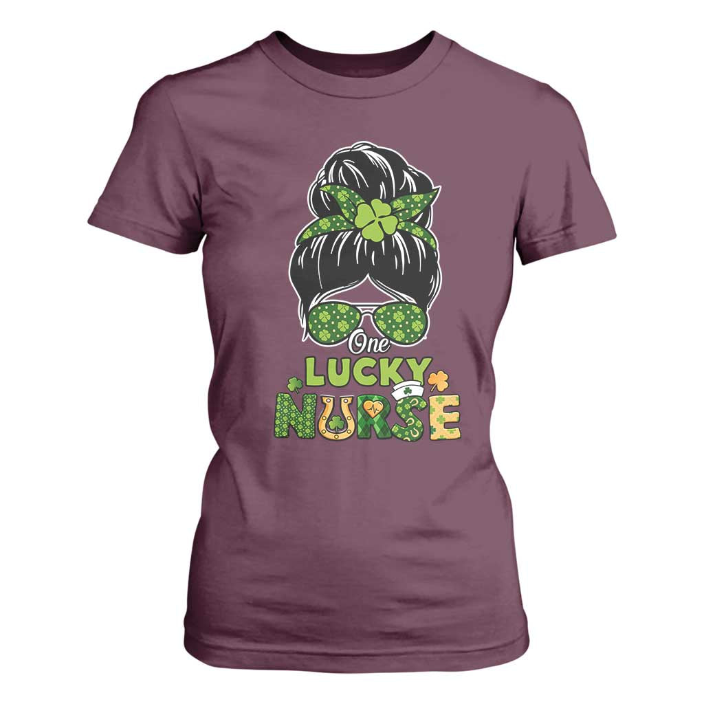Funny One Lucky Nurse St Patricks Day T Shirt For Women Scrub Life with Messy Bun TS02 Maroon Print Your Wear