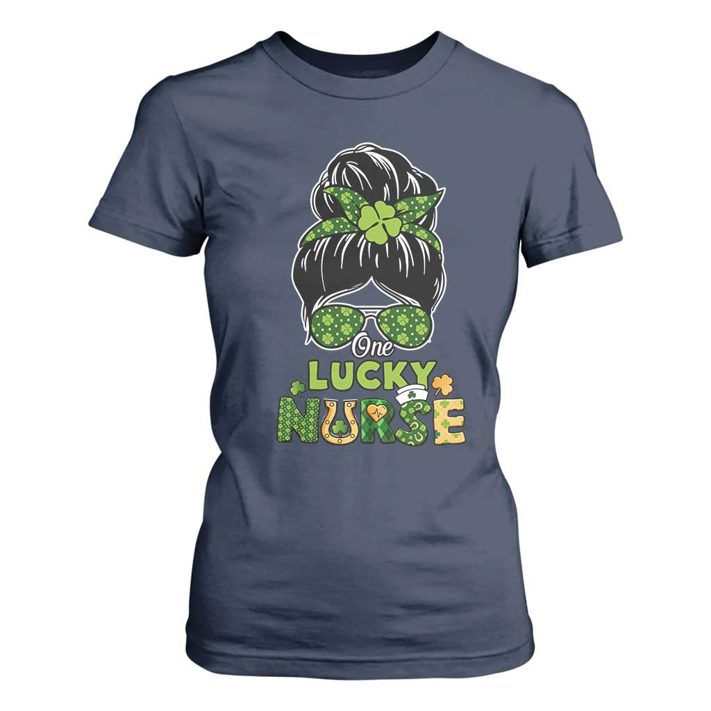 Funny One Lucky Nurse St Patricks Day T Shirt For Women Scrub Life with Messy Bun TS02 Navy Print Your Wear