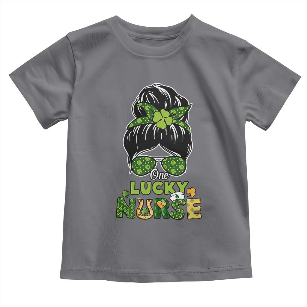 Funny One Lucky Nurse St Patricks Day Toddler T Shirt Scrub Life with Messy Bun TS02 Charcoal Print Your Wear