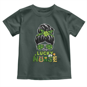 Funny One Lucky Nurse St Patricks Day Toddler T Shirt Scrub Life with Messy Bun TS02 Dark Forest Green Print Your Wear
