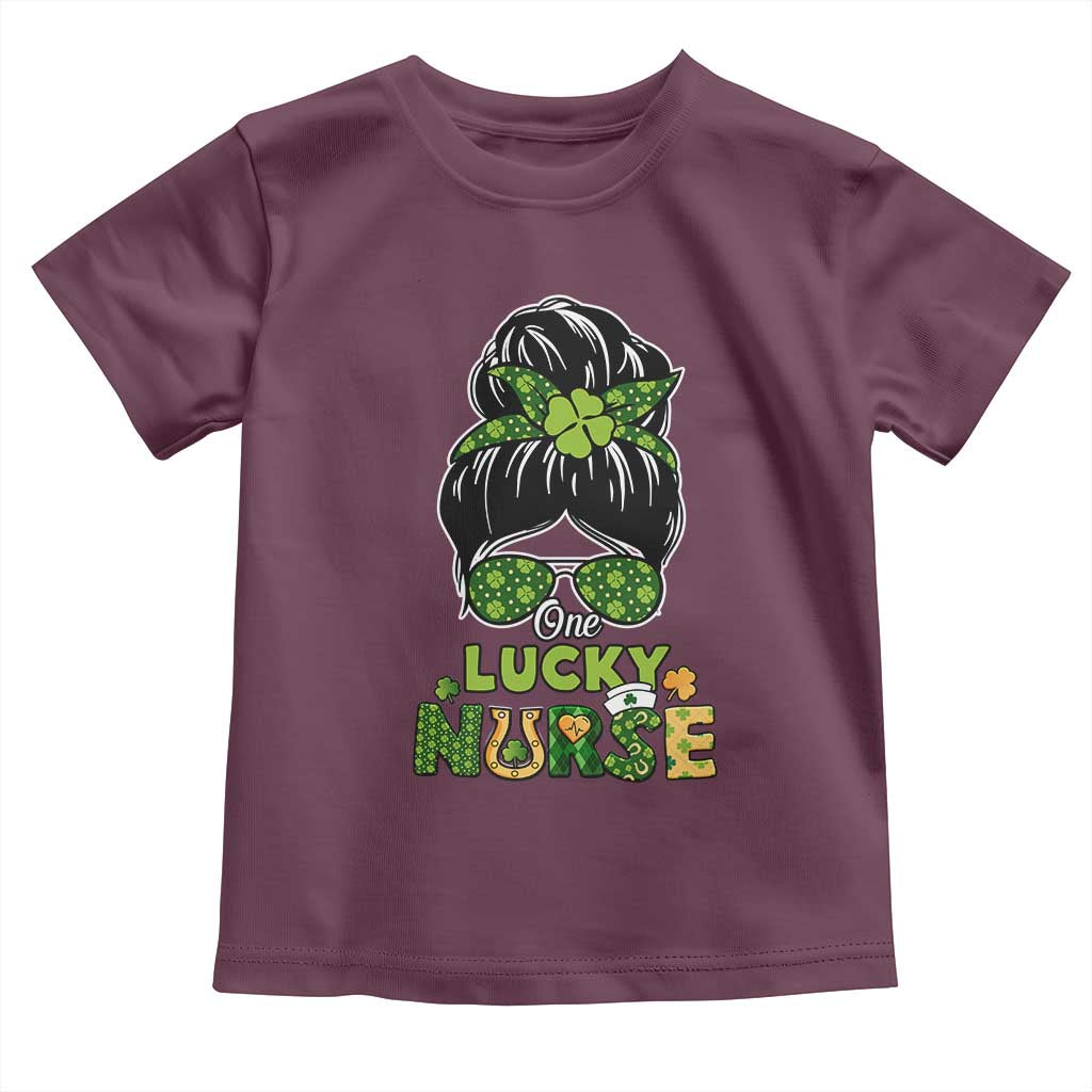 Funny One Lucky Nurse St Patricks Day Toddler T Shirt Scrub Life with Messy Bun TS02 Maroon Print Your Wear