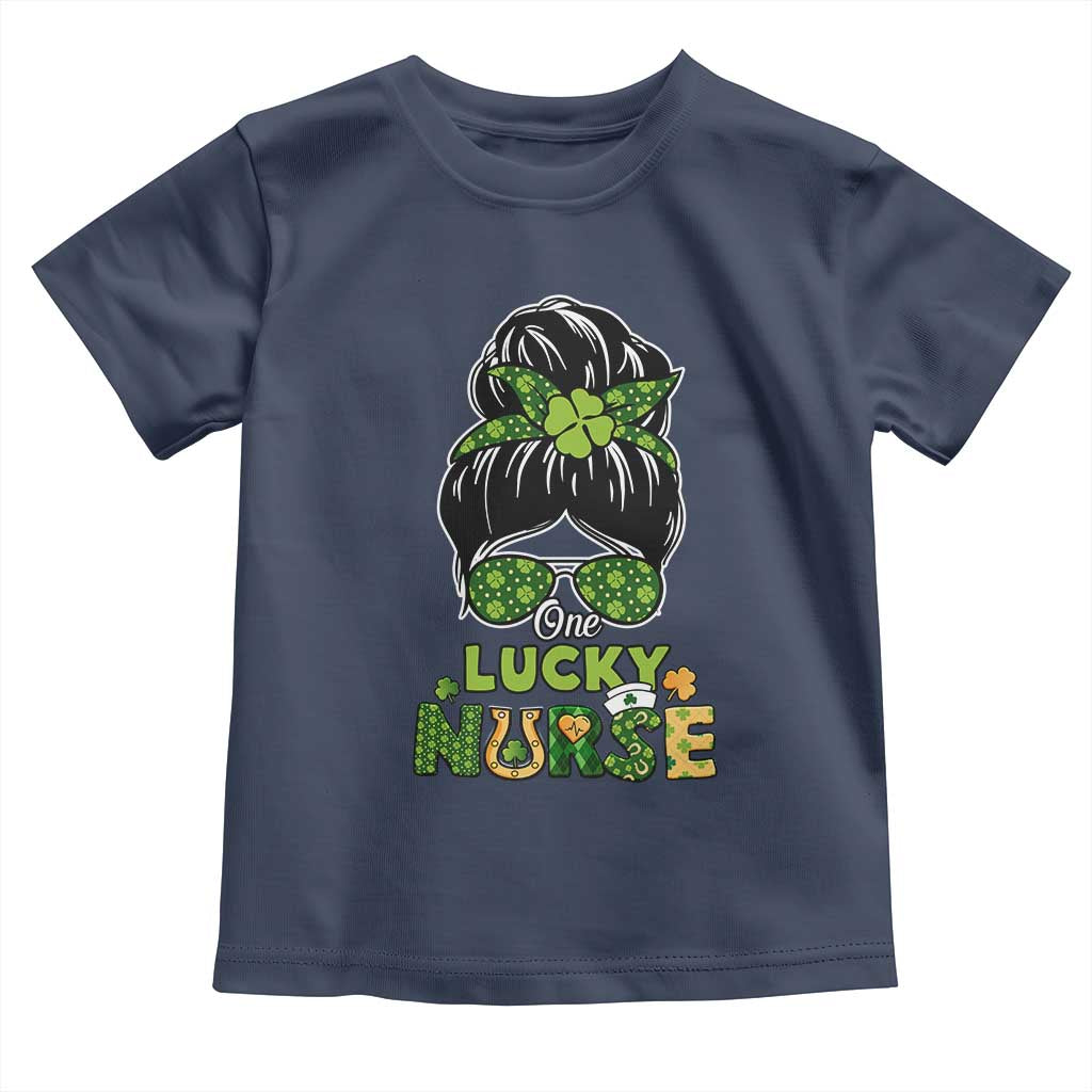 Funny One Lucky Nurse St Patricks Day Toddler T Shirt Scrub Life with Messy Bun TS02 Navy Print Your Wear