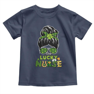Funny One Lucky Nurse St Patricks Day Toddler T Shirt Scrub Life with Messy Bun TS02 Navy Print Your Wear