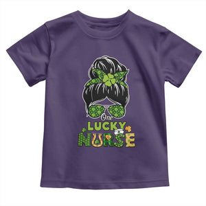 Funny One Lucky Nurse St Patricks Day Toddler T Shirt Scrub Life with Messy Bun TS02 Purple Print Your Wear