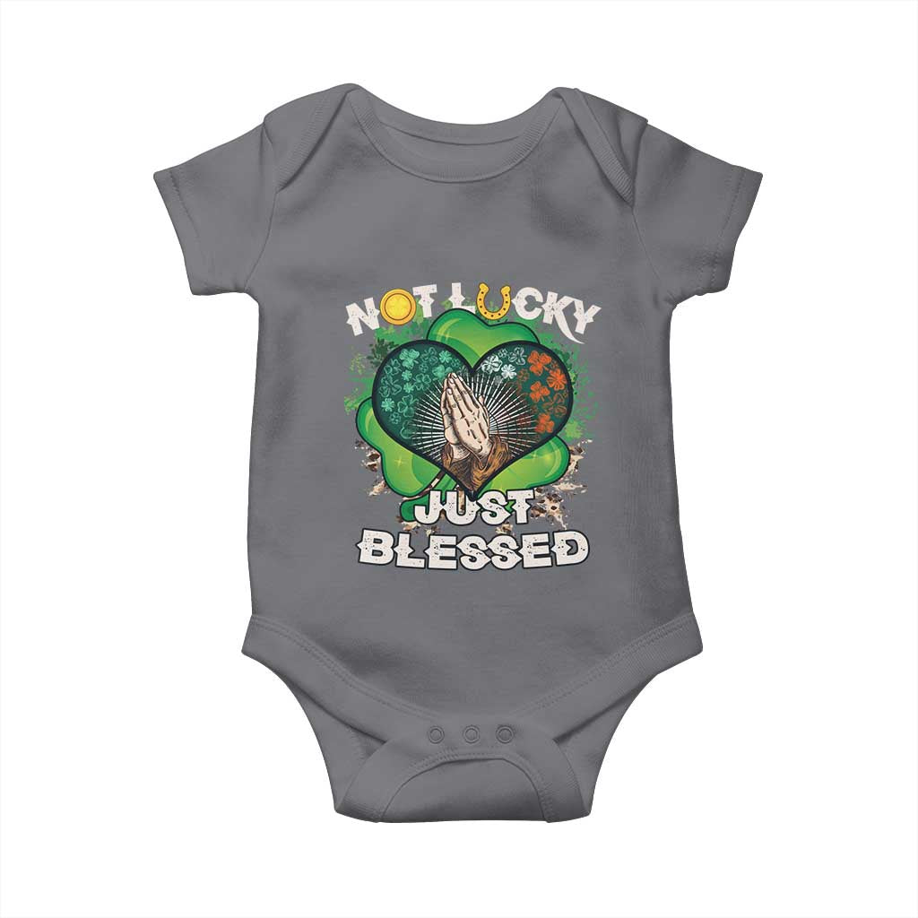 Funny St Patricks Day Baby Onesie Not Lucky Simply Blessed Shamrock Christian with Praying Hands TS02 Charcoal Print Your Wear