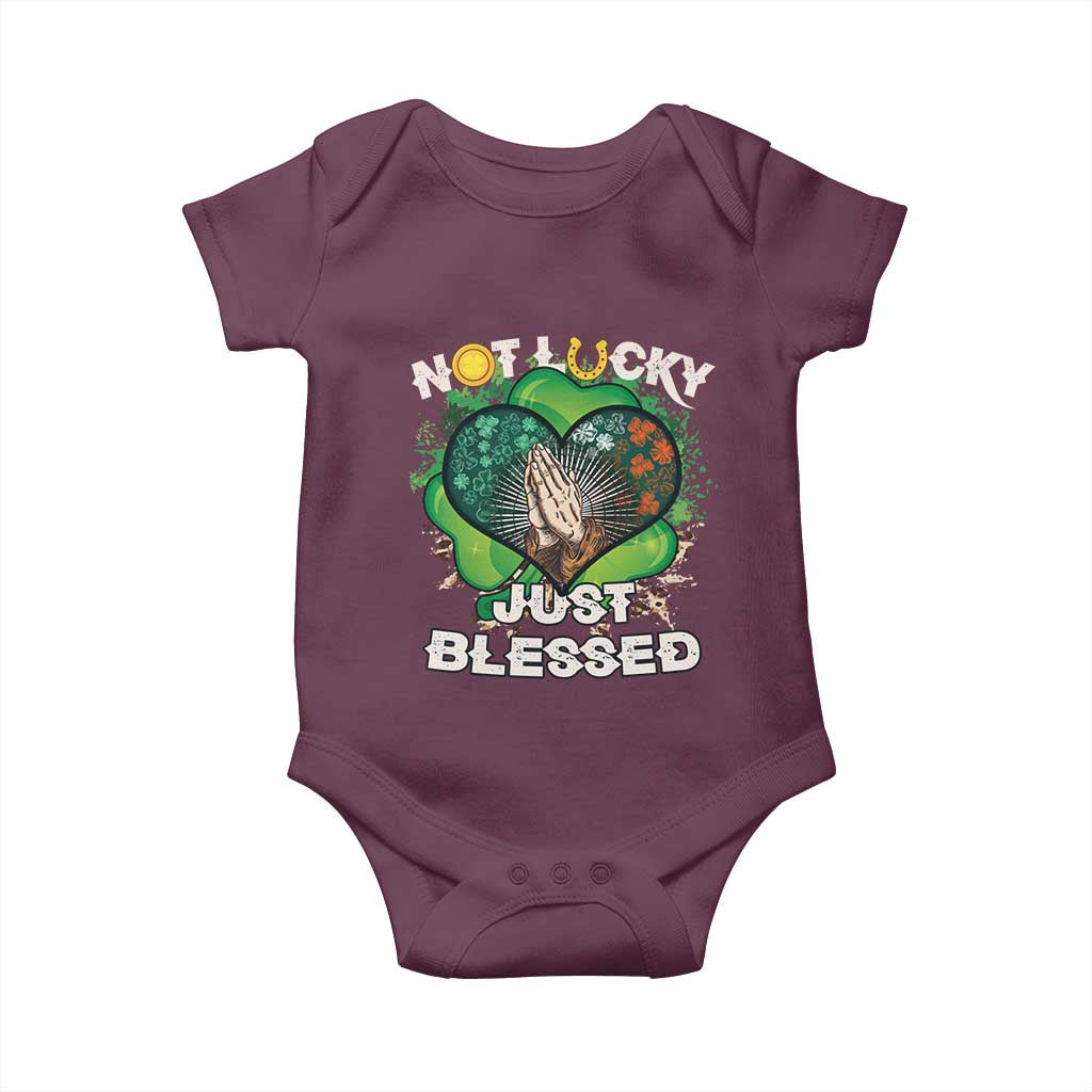 Funny St Patricks Day Baby Onesie Not Lucky Simply Blessed Shamrock Christian with Praying Hands TS02 Maroon Print Your Wear