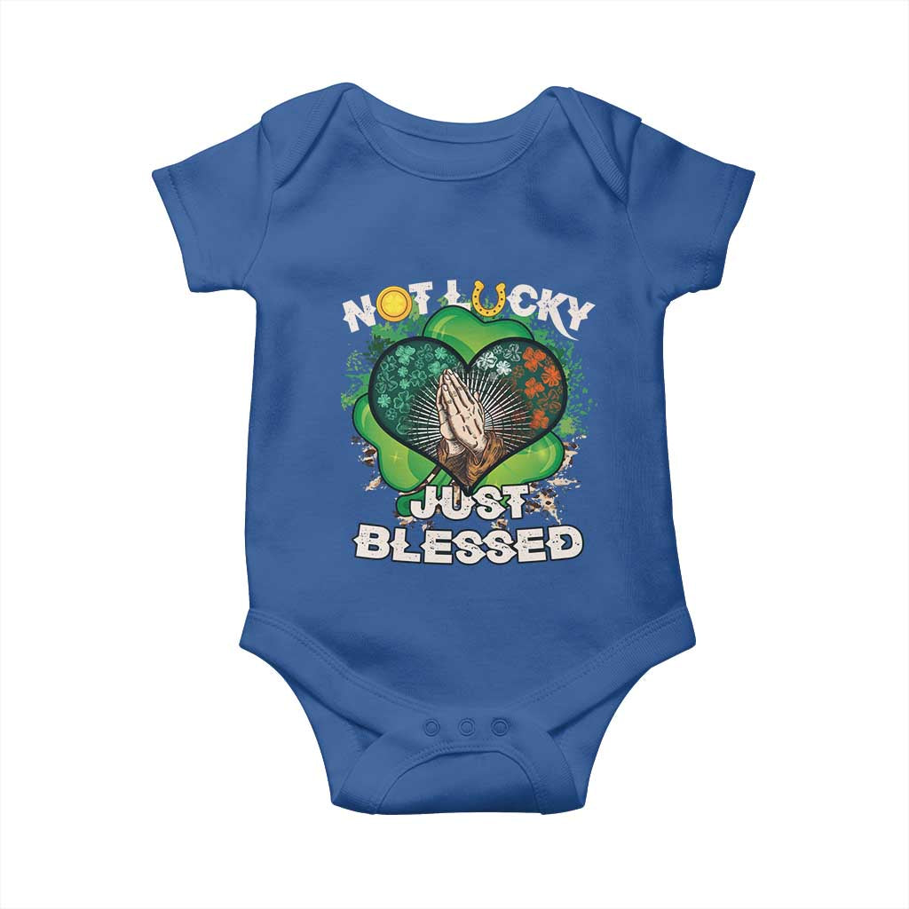 Funny St Patricks Day Baby Onesie Not Lucky Simply Blessed Shamrock Christian with Praying Hands TS02 Royal Blue Print Your Wear