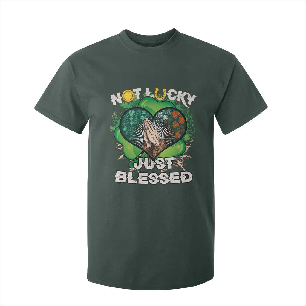 Funny St Patricks Day T Shirt For Kid Not Lucky Simply Blessed Shamrock Christian with Praying Hands TS02 Dark Forest Green Print Your Wear