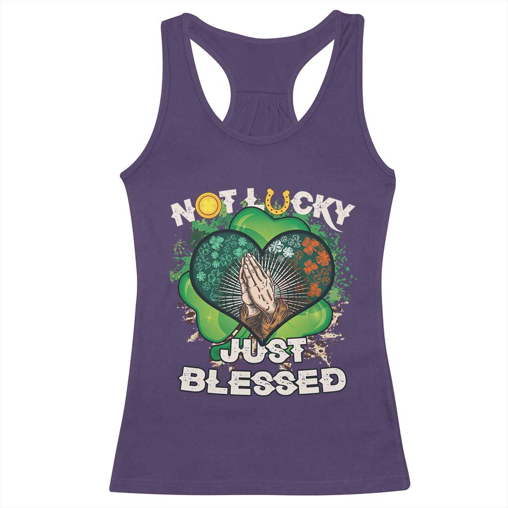 Funny St Patricks Day Racerback Tank Top Not Lucky Simply Blessed Shamrock Christian with Praying Hands TS02 Purple Print Your Wear