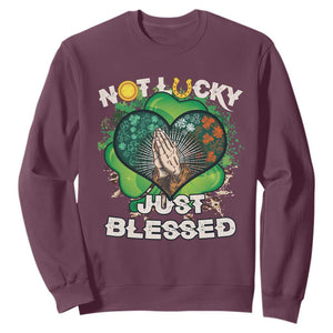Funny St. Patricks Day Sweatshirt Not Lucky Simply Blessed Shamrock Christian with Praying Hands TS02 Maroon Printyourwear