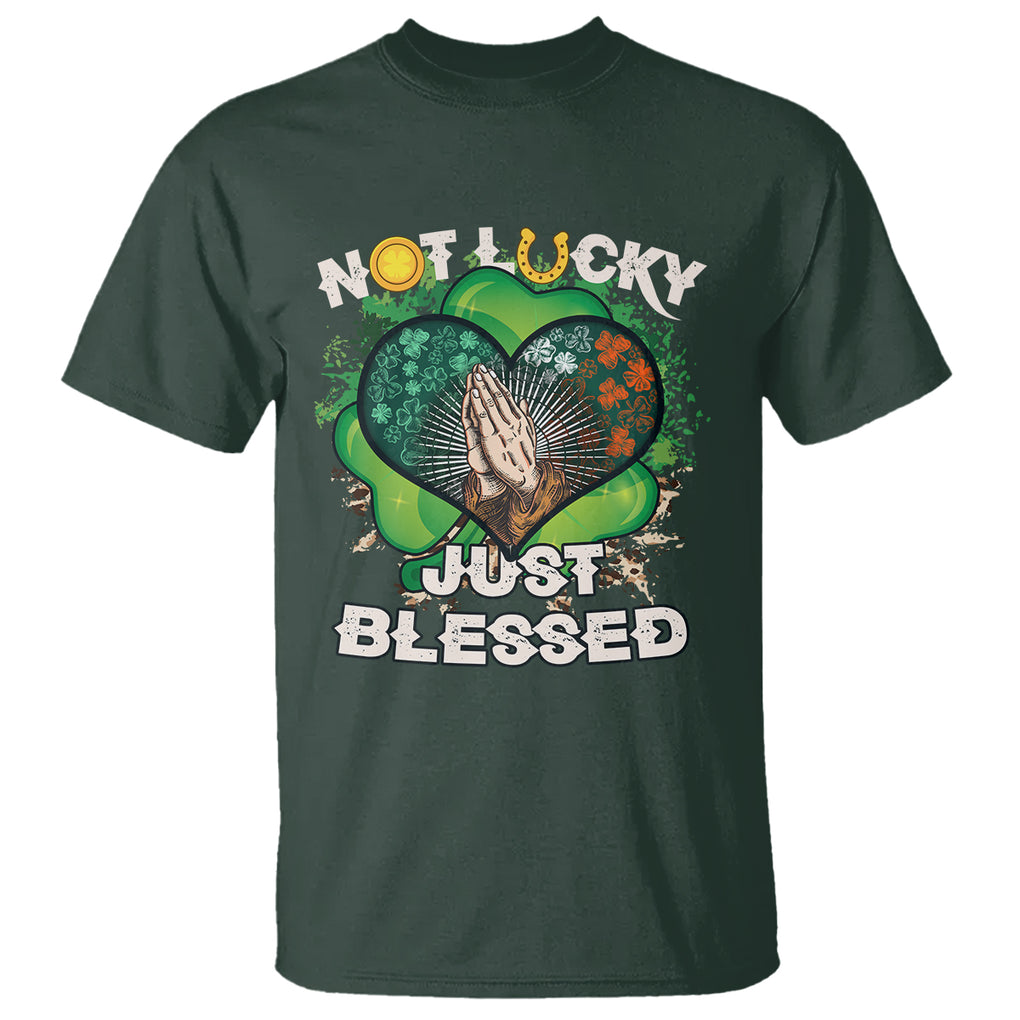 Funny St. Patricks Day T Shirt Not Lucky Simply Blessed Shamrock Christian with Praying Hands TS02 Dark Forest Green Printyourwear