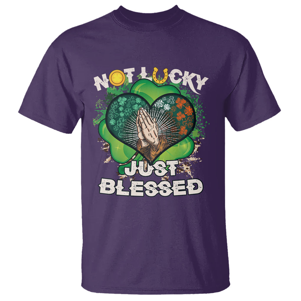 Funny St. Patricks Day T Shirt Not Lucky Simply Blessed Shamrock Christian with Praying Hands TS02 Purple Printyourwear