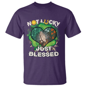 Funny St. Patricks Day T Shirt Not Lucky Simply Blessed Shamrock Christian with Praying Hands TS02 Purple Printyourwear