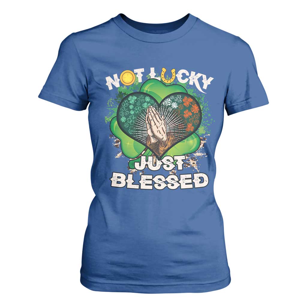 Funny St Patricks Day T Shirt For Women Not Lucky Simply Blessed Shamrock Christian with Praying Hands TS02 Royal Blue Print Your Wear
