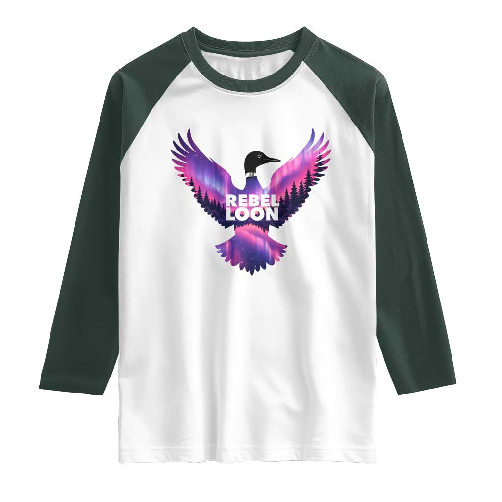 Rebel Loon Aurora Northern Lights Raglan Shirt Minnesota Night Sky Politcal Resistance TS02 White Dark Forest Green Print Your Wear