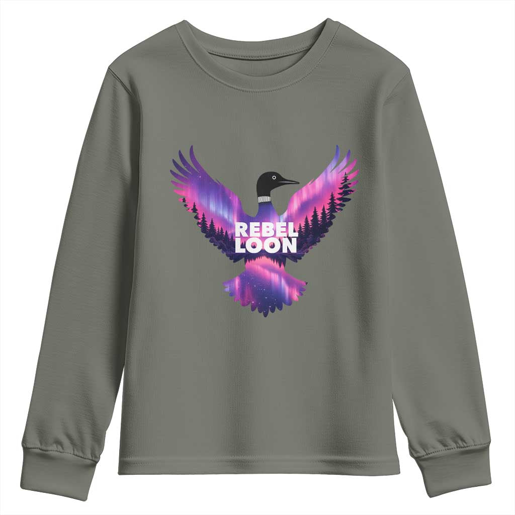 Rebel Loon Aurora Northern Lights Youth Sweatshirt Minnesota Night Sky Politcal Resistance TS02 Military Green Print Your Wear