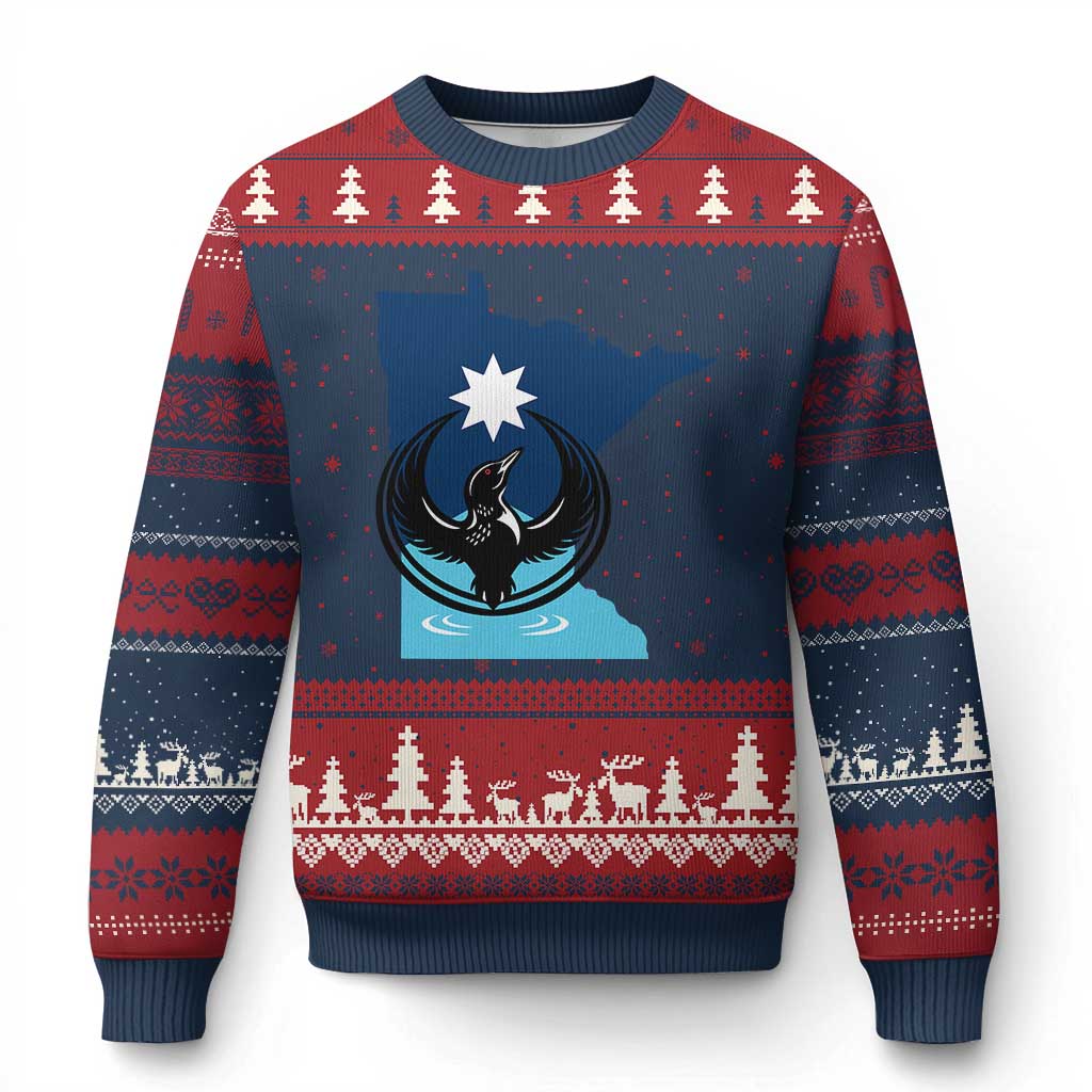 Minnesota Loon Rising Ugly Christmas Sweater Star Emblem MN State Flag Pride TS02 Navy Red Print Your Wear