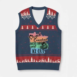 Stupid Canadian Wolf Bird Says Ice Out V-Neck Knit Sweater Vest Funny Activist Loon Minnesota Rebel Rainbow TS02 Navy Red Print Your Wear