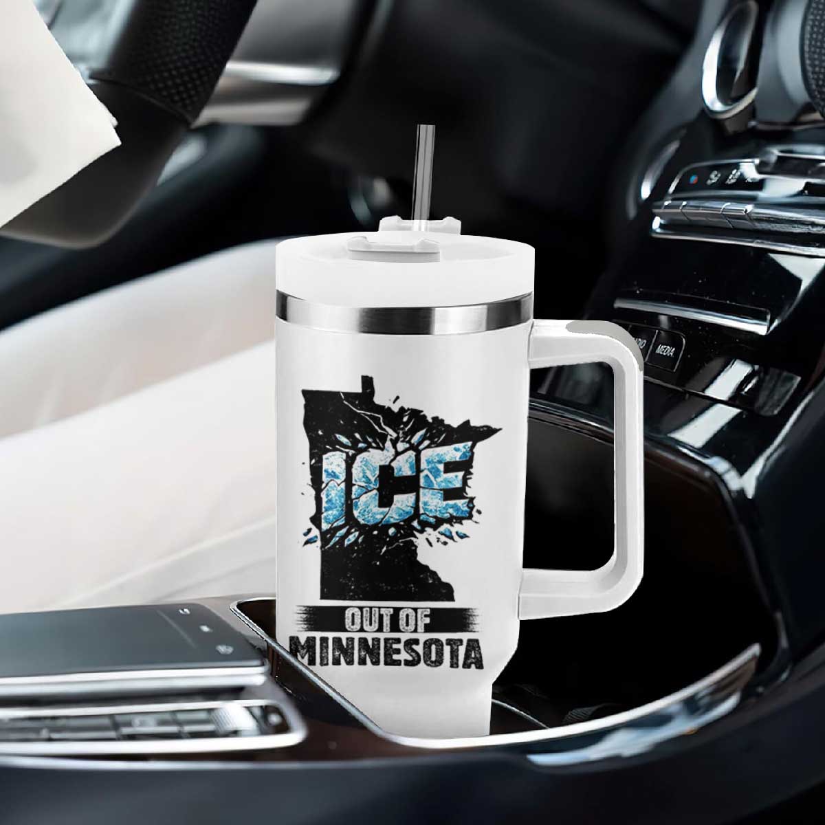 Ice Out of Minnesota Tumbler With Handle MN State Map Abolish Ice Protest TS02 Print Your Wear