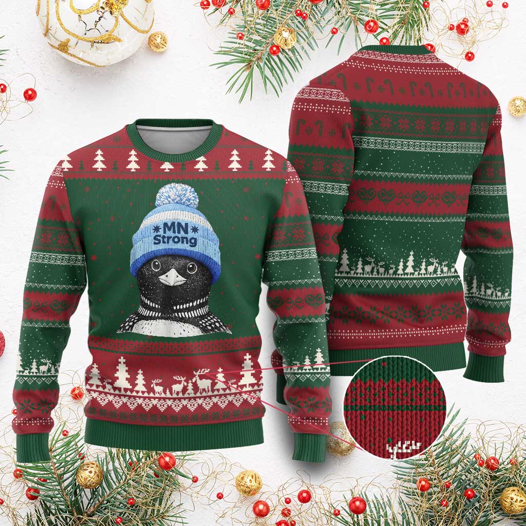 MN Strong Winter Loon with Blue Beanie Ugly Christmas Sweater Stand with Minnesota Justice Protest TS02 Red Green Print Your Wear