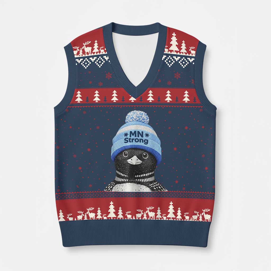 MN Strong Winter Loon with Blue Beanie V-Neck Knit Sweater Vest Stand with Minnesota Justice Protest TS02 Navy Red Print Your Wear