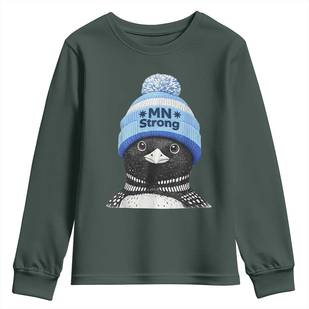 MN Strong Winter Loon with Blue Beanie Youth Sweatshirt Stand with Minnesota Justice Protest TS02 Dark Forest Green Print Your Wear