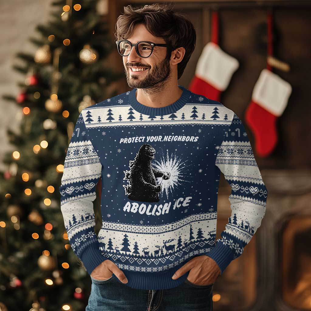 Protect Your Neighbors Abolish Ice Ugly Christmas Sweater Monster Resitance Protest Graphic TS02 Navy Beige Print Your Wear
