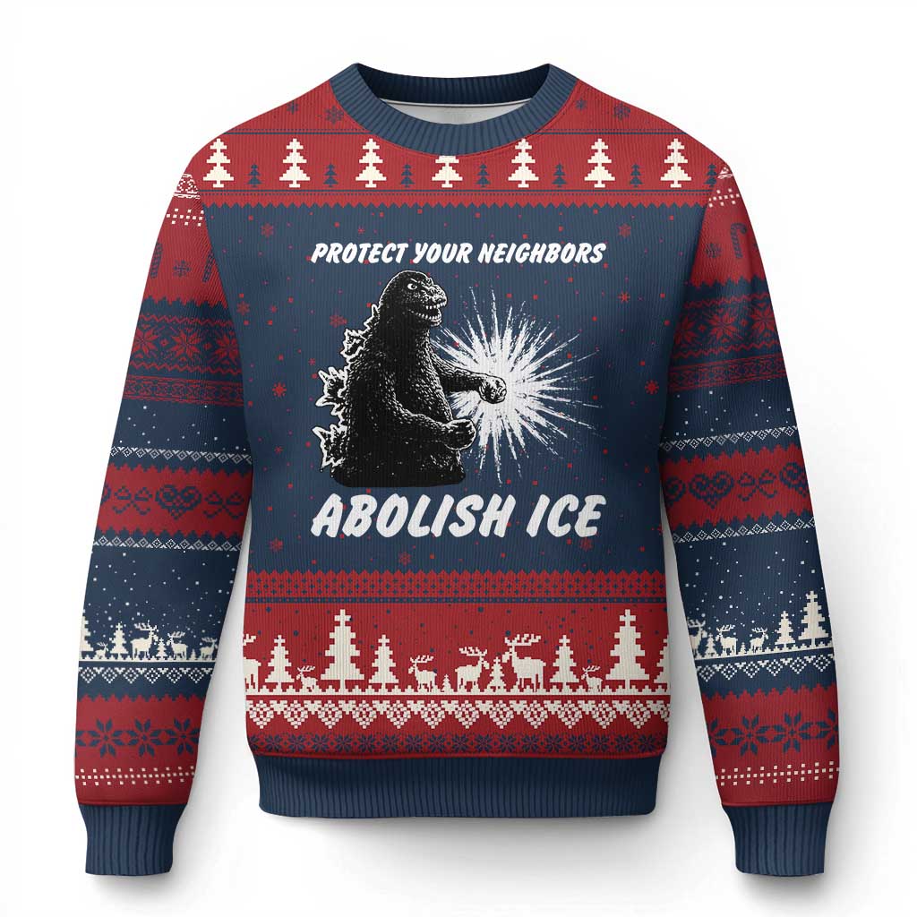 Protect Your Neighbors Abolish Ice Ugly Christmas Sweater Monster Resitance Protest Graphic TS02 Navy Red Print Your Wear
