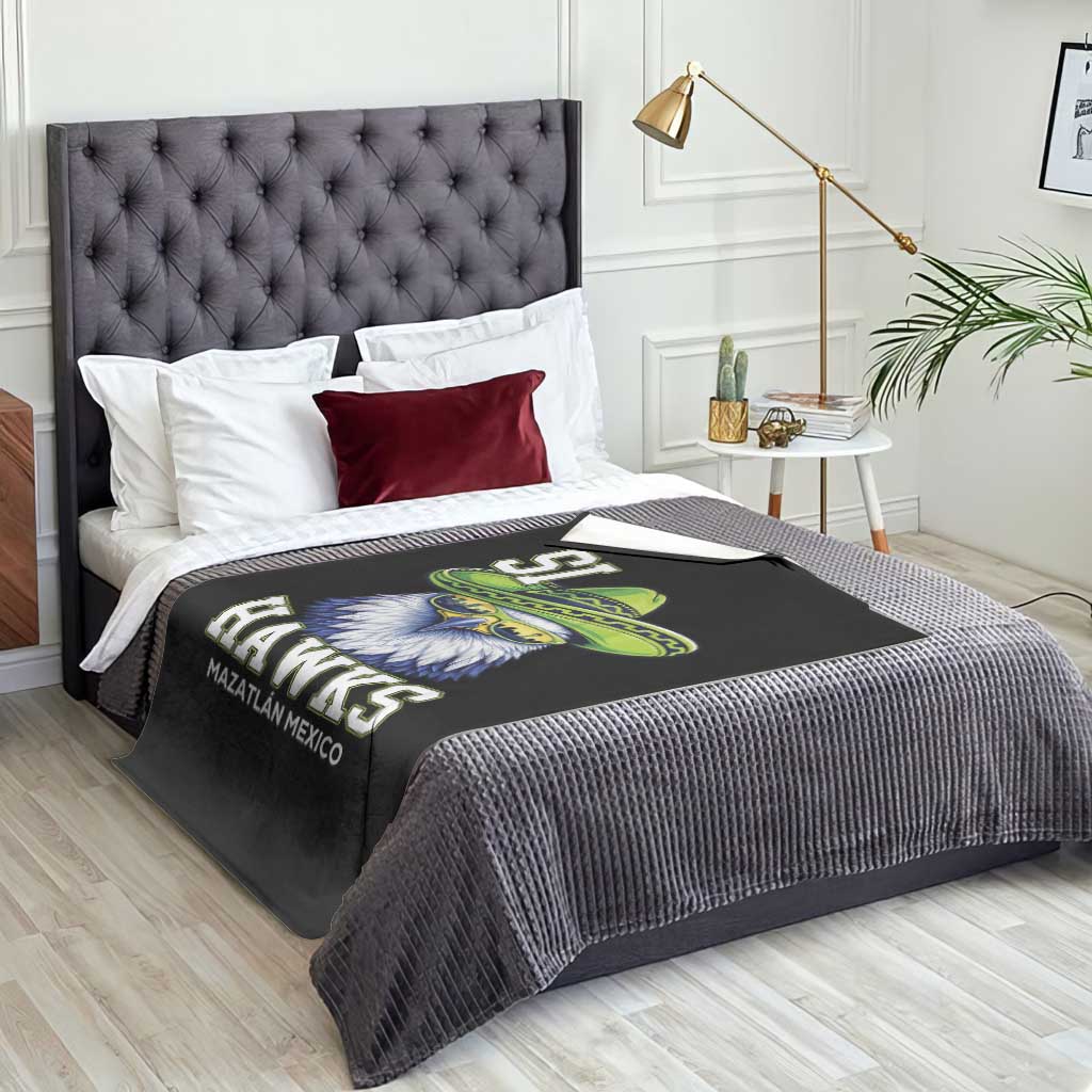 Funny Si Hawks in Mexican Sombrero Throw Blanket Seattle Skyline Pride Mazatlan Mexico Vacation Green and Blue TS02 Print Your Wear
