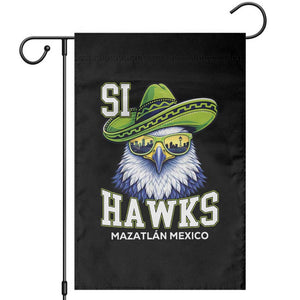 Funny Si Hawks in Mexican Sombrero Garden Flag Seattle Skyline Pride Mazatlan Mexico Vacation Green and Blue TS02 Black Print Your Wear