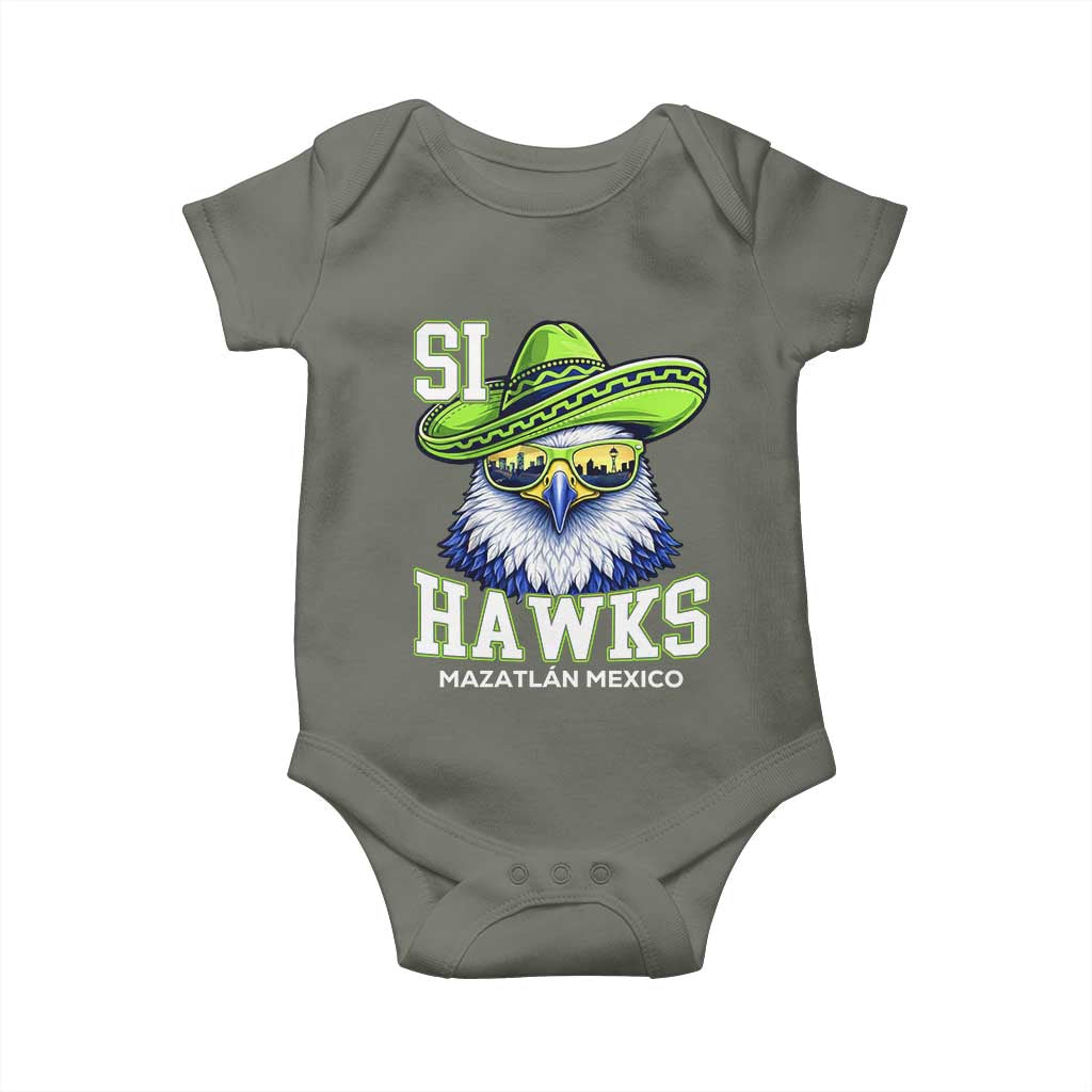 Funny Si Hawks in Mexican Sombrero Baby Onesie Seattle Skyline Pride Mazatlan Mexico Vacation Green and Blue TS02 Military Green Print Your Wear