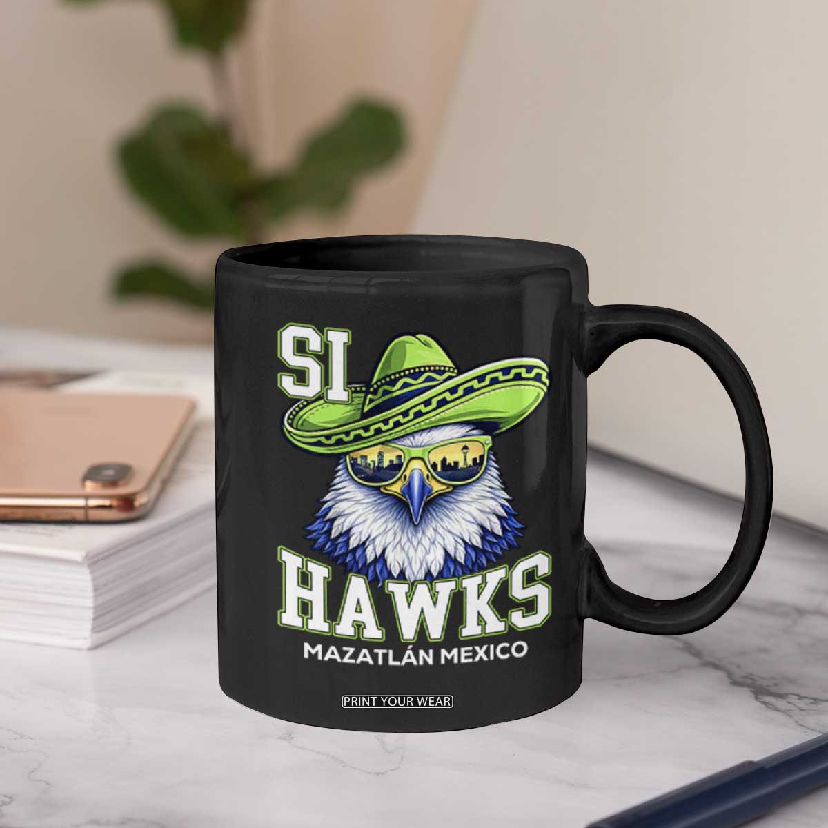 Funny Si Hawks in Mexican Sombrero Coffee Mug Seattle Skyline Pride Mazatlan Mexico Vacation Green and Blue TS02 Print Your Wear