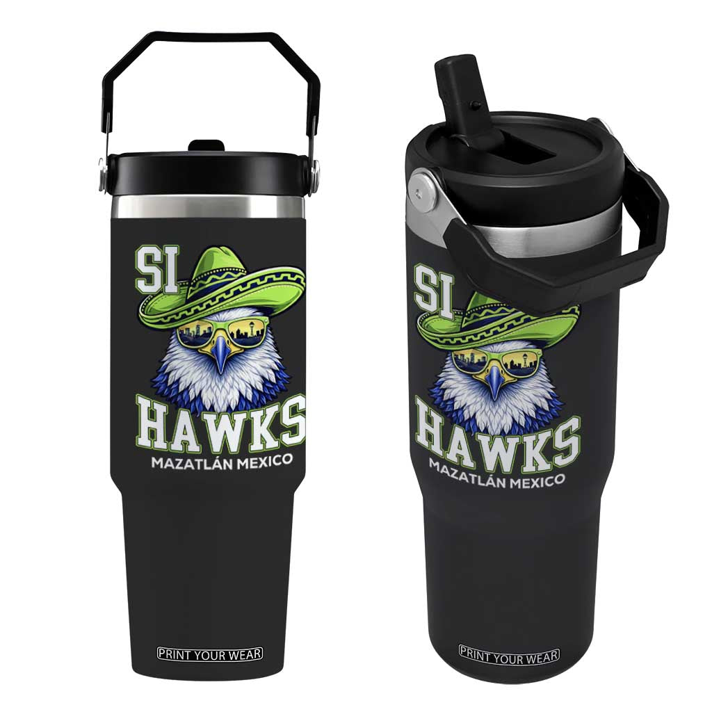 Funny Si Hawks in Mexican Sombrero Flip Straw Tumbler Seattle Skyline Pride Mazatlan Mexico Vacation Green and Blue TS02 One Size: 30 oz Black Print Your Wear