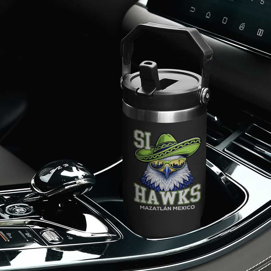 Funny Si Hawks in Mexican Sombrero Flip Straw Tumbler Seattle Skyline Pride Mazatlan Mexico Vacation Green and Blue TS02 Print Your Wear