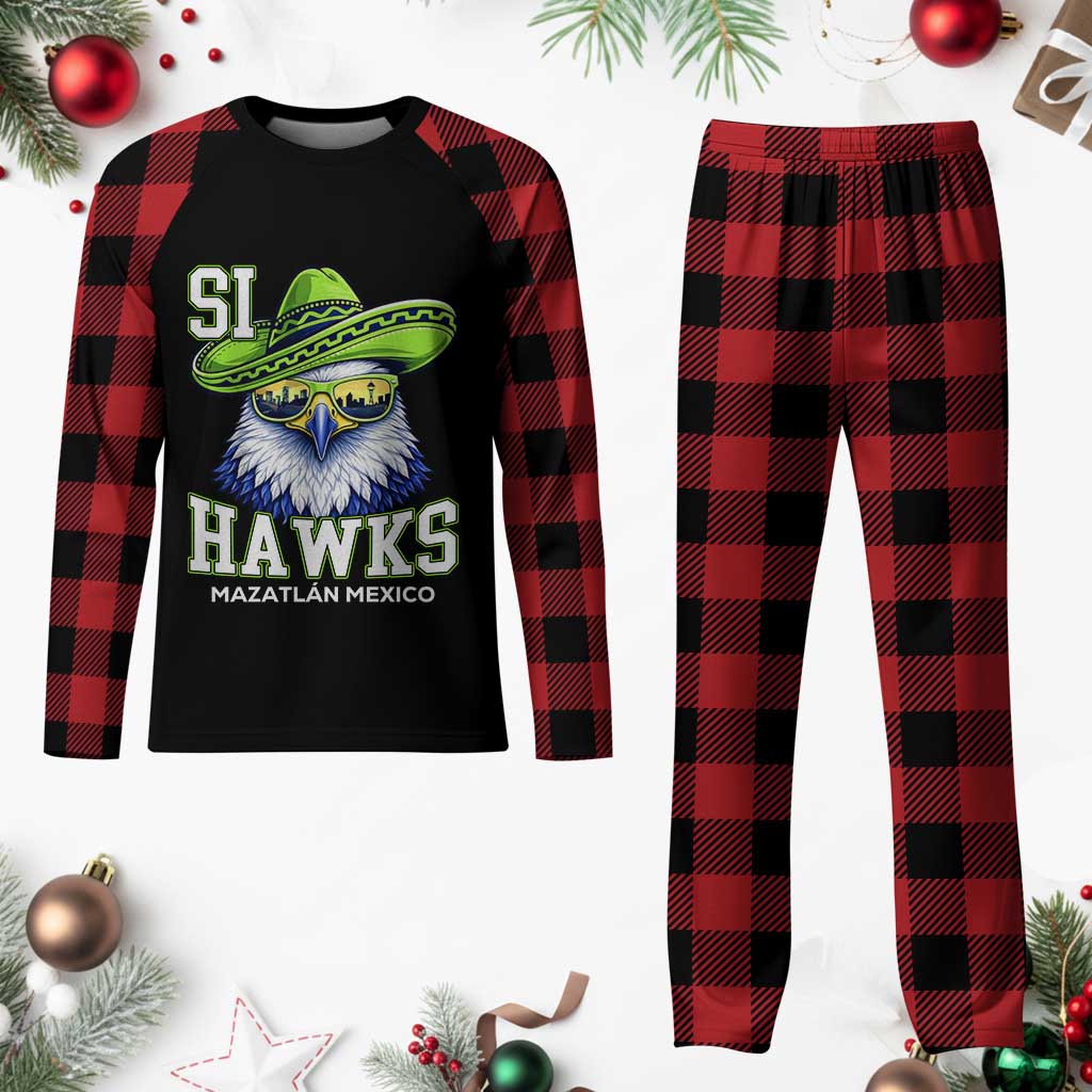 Funny Si Hawks in Mexican Sombrero Plaid Pajama Set Seattle Skyline Pride Mazatlan Mexico Vacation Green and Blue TS02 Buffalo Plaid Print Your Wear