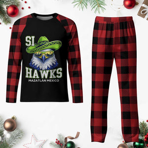 Funny Si Hawks in Mexican Sombrero Plaid Pajama Set Seattle Skyline Pride Mazatlan Mexico Vacation Green and Blue TS02 Buffalo Plaid Print Your Wear