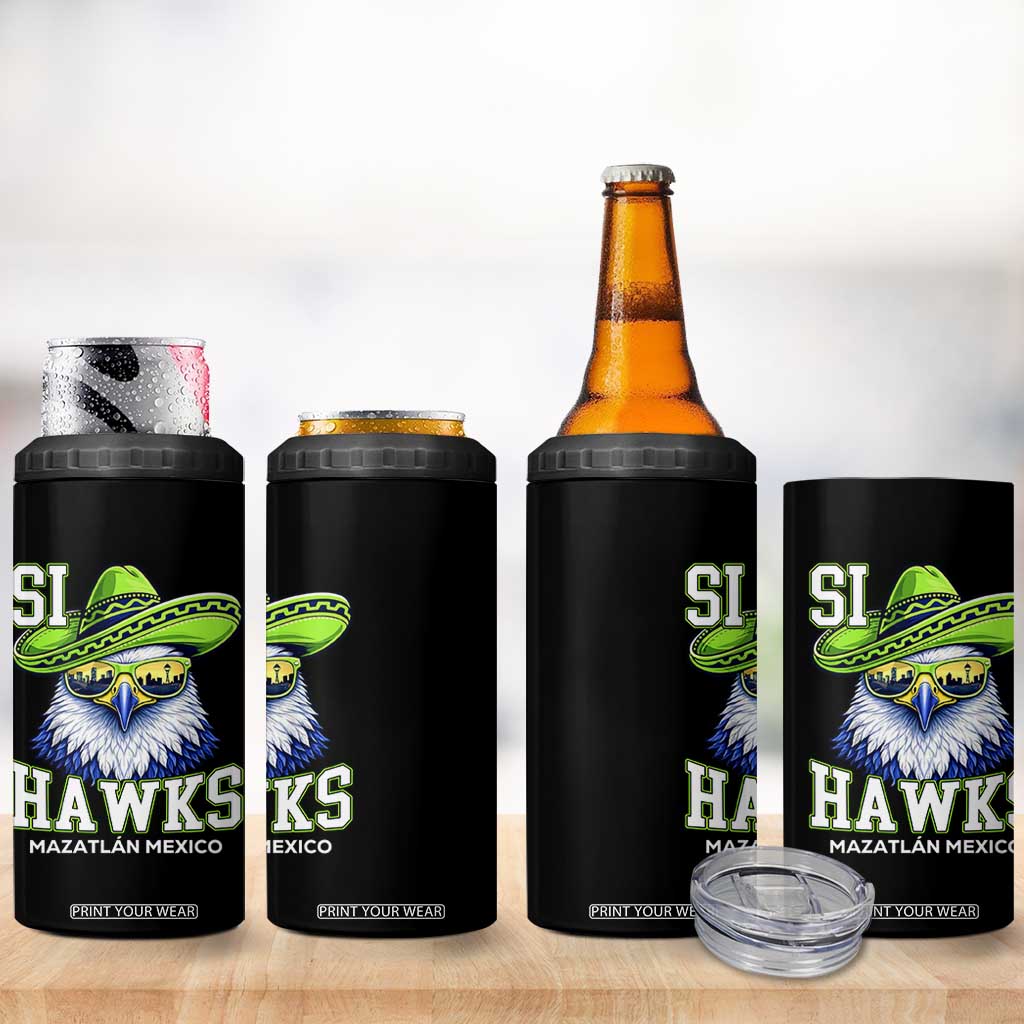 Funny Si Hawks in Mexican Sombrero 4 in 1 Can Cooler Tumbler Seattle Skyline Pride Mazatlan Mexico Vacation Green and Blue TS02 Print Your Wear