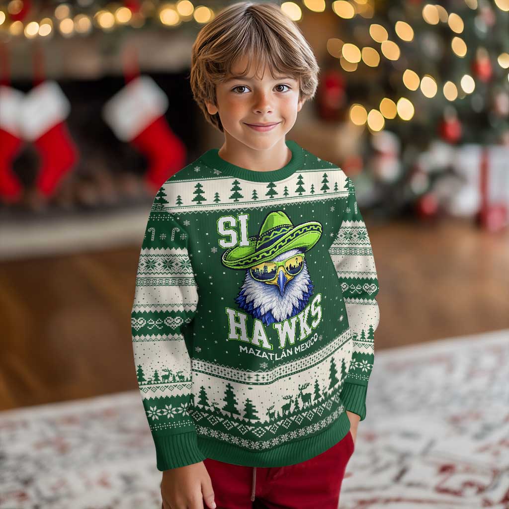 Funny Si Hawks in Mexican Sombrero Ugly Christmas Sweater Seattle Skyline Pride Mazatlan Mexico Vacation Green and Blue TS02 Forest Green Beige Print Your Wear