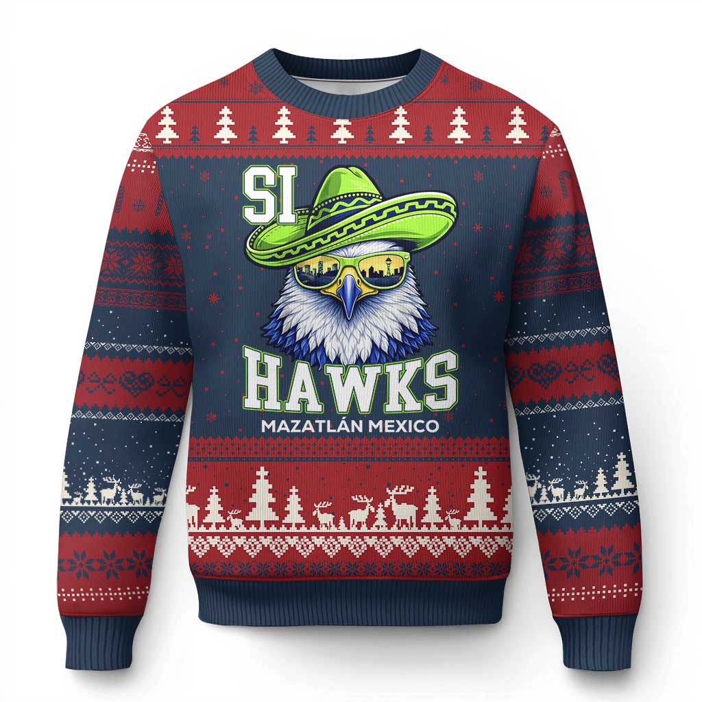 Funny Si Hawks in Mexican Sombrero Ugly Christmas Sweater Seattle Skyline Pride Mazatlan Mexico Vacation Green and Blue TS02 Navy Red Print Your Wear