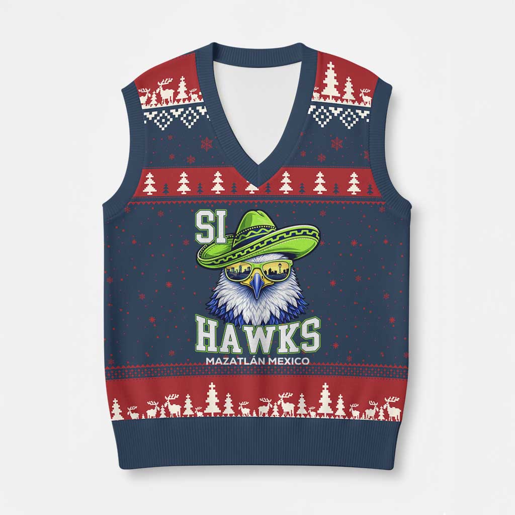 Funny Si Hawks in Mexican Sombrero V-Neck Knit Sweater Vest Seattle Skyline Pride Mazatlan Mexico Vacation Green and Blue TS02 Navy Red Print Your Wear