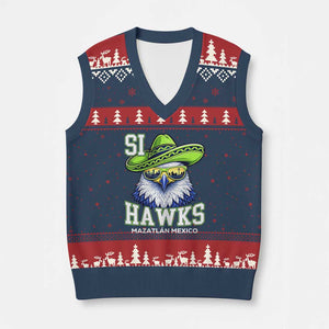 Funny Si Hawks in Mexican Sombrero V-Neck Knit Sweater Vest Seattle Skyline Pride Mazatlan Mexico Vacation Green and Blue TS02 Navy Red Print Your Wear