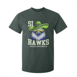 Funny Si Hawks in Mexican Sombrero T Shirt For Kid Seattle Skyline Pride Mazatlan Mexico Vacation Green and Blue TS02 Dark Forest Green Print Your Wear
