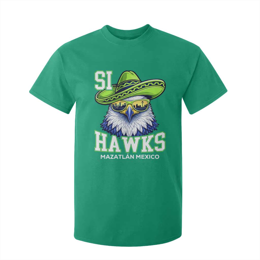 Funny Si Hawks in Mexican Sombrero T Shirt For Kid Seattle Skyline Pride Mazatlan Mexico Vacation Green and Blue TS02 Irish Green Print Your Wear