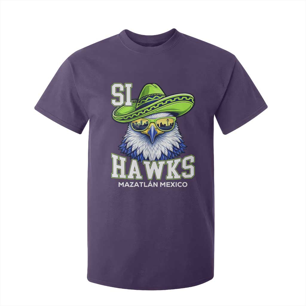 Funny Si Hawks in Mexican Sombrero T Shirt For Kid Seattle Skyline Pride Mazatlan Mexico Vacation Green and Blue TS02 Purple Print Your Wear